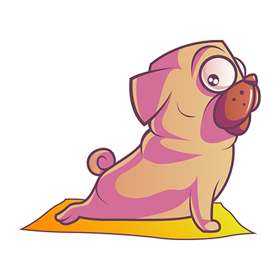 Character of cute pug dog doing yoga on the sheet