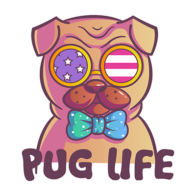 Character of pug dog wearing colorful sunglasses