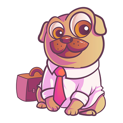 Character of pug dog wearing shirt and with briefcase