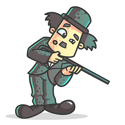 Charlie chaplin holding walking stick like gun