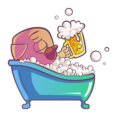 Cute pug dog bathing in bath tub and holding beer cup