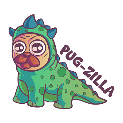 Cute pug dog character wearing dress like dinosaur