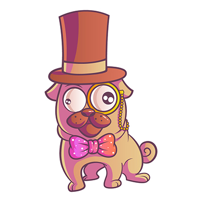 Cute pug dog character wearing hat and tie
