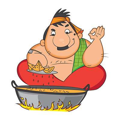 Illustration of indian confectioner frying snacks in wok