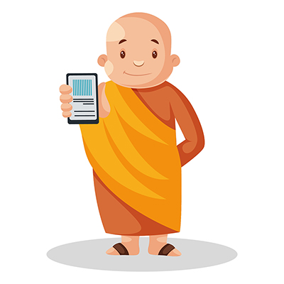Illustration of indian monk showing mobile phone