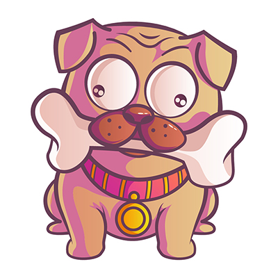 Illustration of pug dog holding bone in its mouth