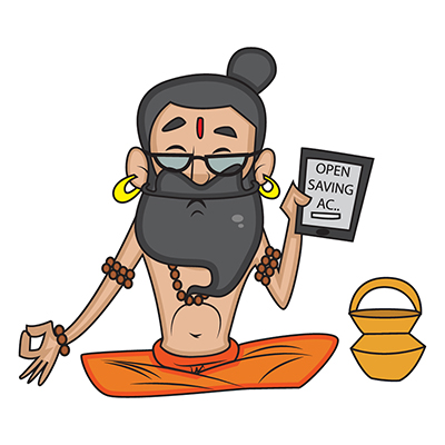 Indian baba character showing saving account form