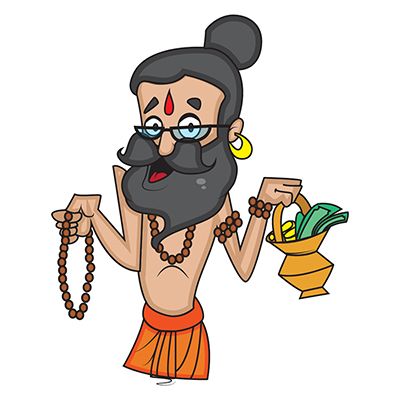 Indian baba holding rudraksha mala and kamandal in hands