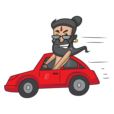 Indian baba illustration driving the car