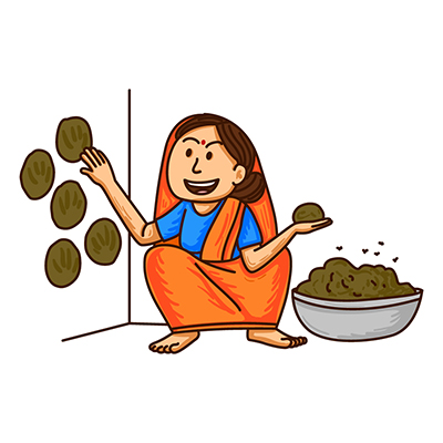 Indian haryanvi woman character working with cow dung