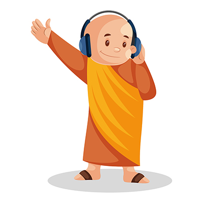 Indian monk character listening music in headphone