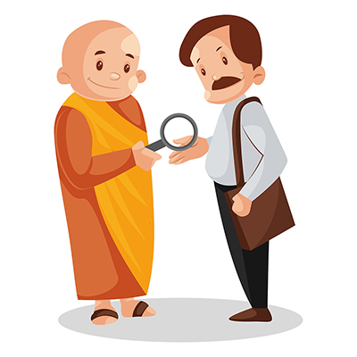 Indian monk seeing palm of man with magnifying glass
