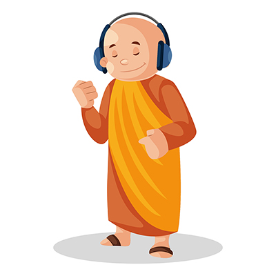 Indian monk wearing headphone and listening to music