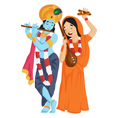Meerabai is singing and lord krishna is playing flute