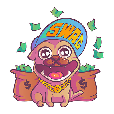 Pug dog wearing swag cap and with money bag