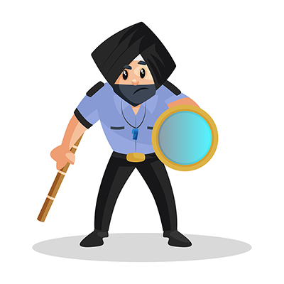 Sardar watchman is holding stick and flashlight in hands