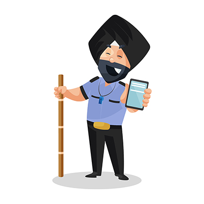 Sardar watchman is holding stick and showing mobile phone