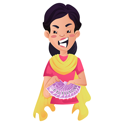 Character of indian female tailor holding rupees in hand