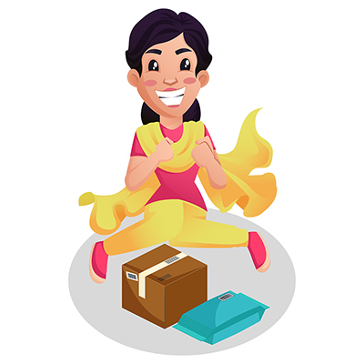 Illustration of indian female tailor sitting with parcels