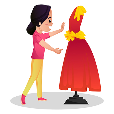 Illustration of indian female tailor watching colorful dress