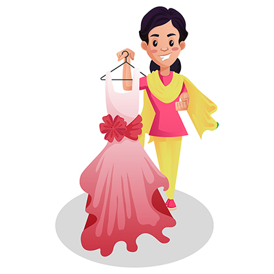 Indian female tailor illustration holding beautiful dress in hand