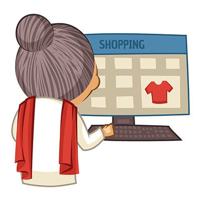 Indian old lady character shopping online on computer