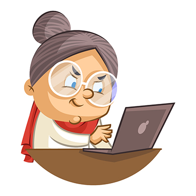 Indian old lady character working on laptop