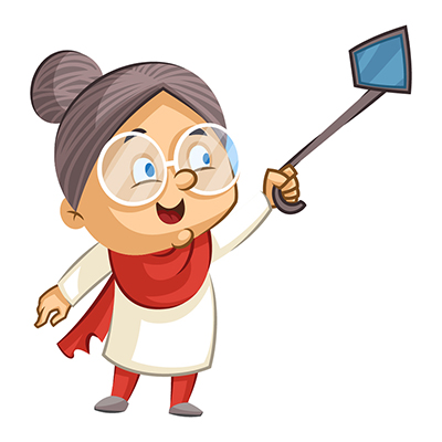Indian old lady illustration clicking selfie on mobile