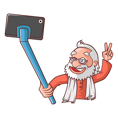 Character of narendra modi taking selfie on mobile camera