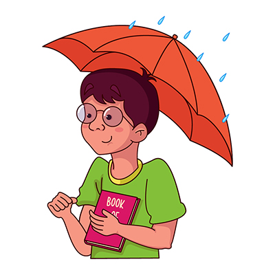 Indian boy holding umbrella and book in hands