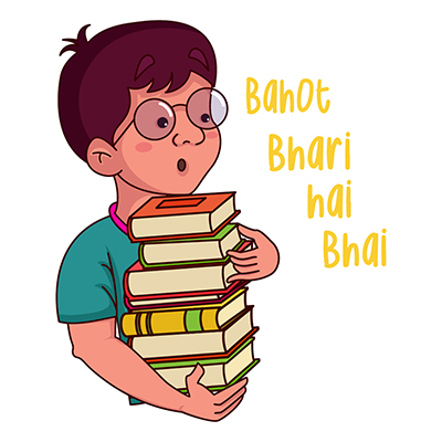 Indian boy is holding heavy books in his hands