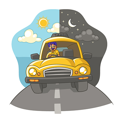 Taxi driver is driving the car day and night