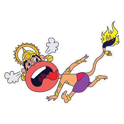 Character lord hanuman running from the fire in tail