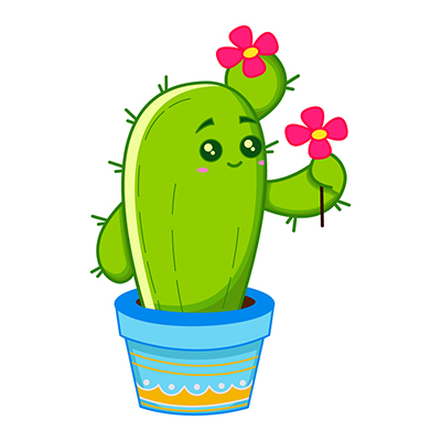 Cactus plant character holding flower in the hand