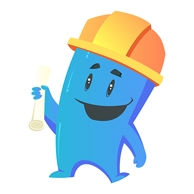 Monster character holding paper and wearing hard hat