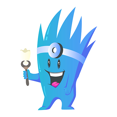Monster character holding teeth in spanner wrench