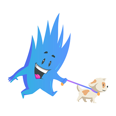 Monster character walking with pet dog