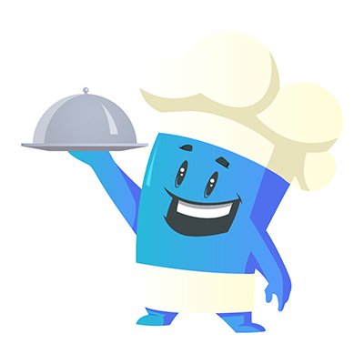 Monster character wearing chef cap and holding cloche plate