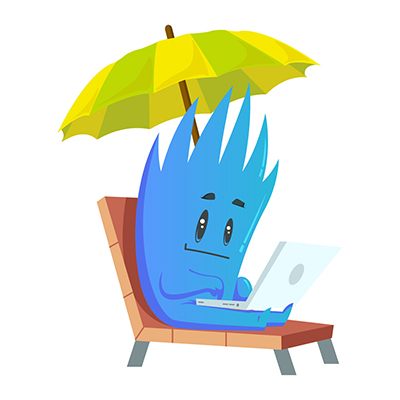 Monster character working on laptop on pool chair