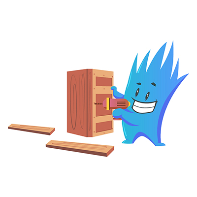Monster character working with drilling machine on wooden box