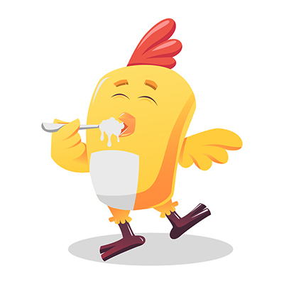 Little chicken character eating food with spoon