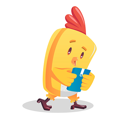 Little chicken character holding mobile phone
