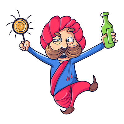 Rajasthani man character holding sparklers and bottle in hands