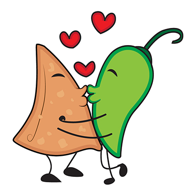 Samosa character and green chili are kissing