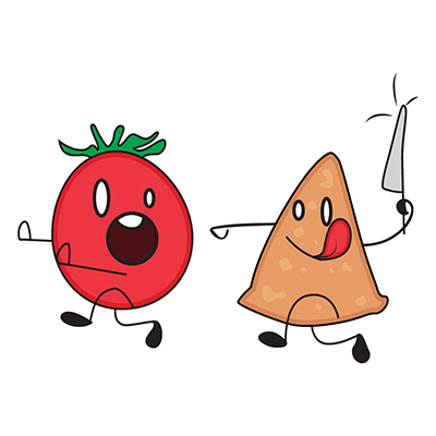 Samosa character holding knife and running behind tomato