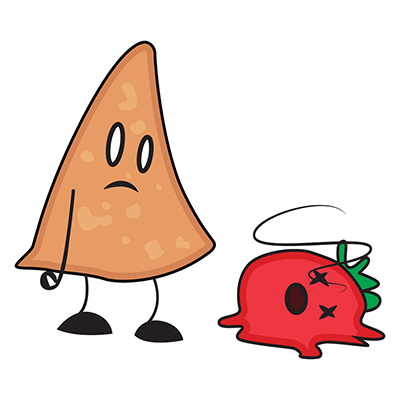 Samosa character looking at dead tomato