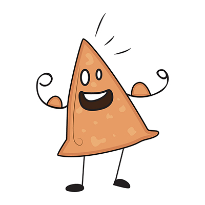 Samosa character showing its muscles