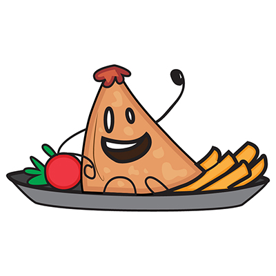Samosa character sitting on plate with tomato and french fries
