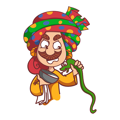 Snake charmer character feeding milk to snake