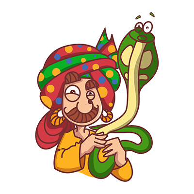 Snake charmer character holding snake in hands